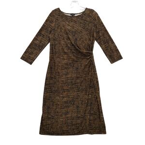 Talbots Knit Midi‎ Dress Faux Wrap Brown Black Print 3/4 Sleeve Career Medium
